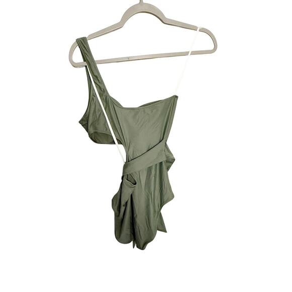 Aerie One Shoulder Tie Waist One Piece Swimsuit Olive Green Size Medium Long NEW - Picture 2 of 7